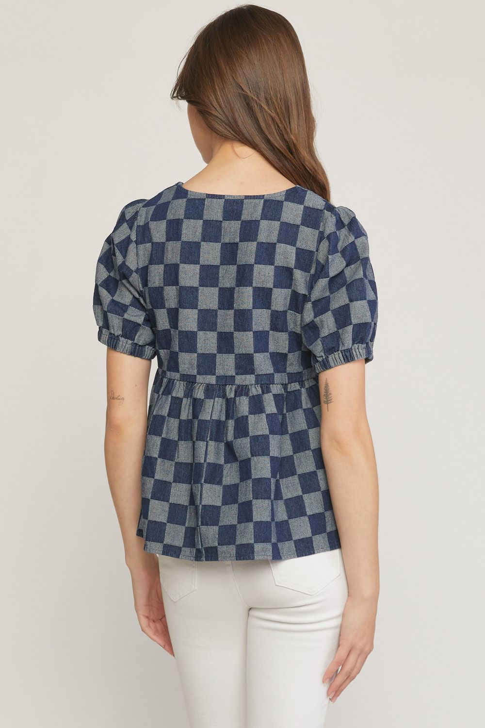Checkered print denim square neck puff sleeve peplum top. image 3