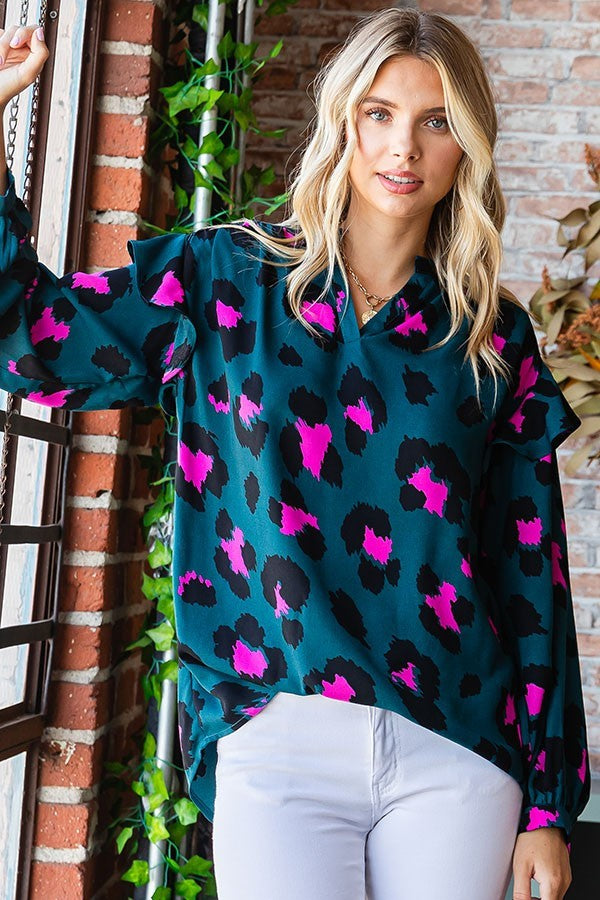 Leopard Print Split Neck Long Sleeve Blouse image 9