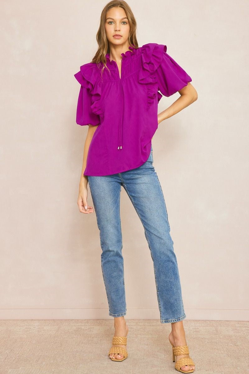 Solid Orchid Color Bubble Sleeve Top image 2