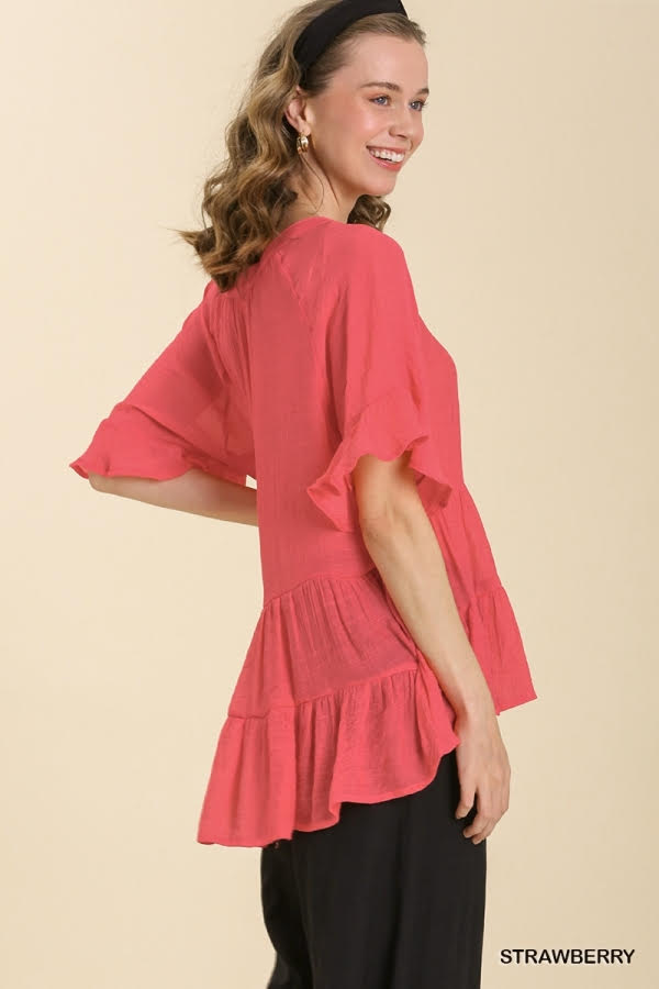 Mandarin Collar Split Neck Bell Ruffle Sleeve Tiered Top image 2