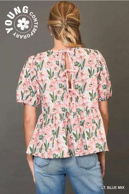 Floral Print Peplum Top with Back Ribbon Details image 5