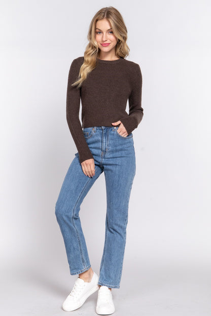 Long Sleeve Crew Neck Sweater Top - Brown image 3