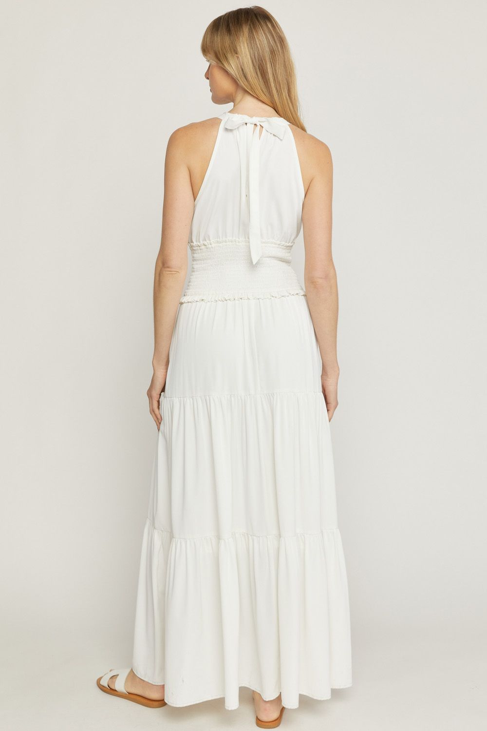 White solid v-neck sleeveless tiered maxi dress image 3