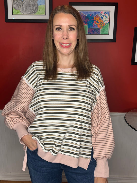 BiBi Stripe Mixed Top With Cut Edge And Reverse Outseam