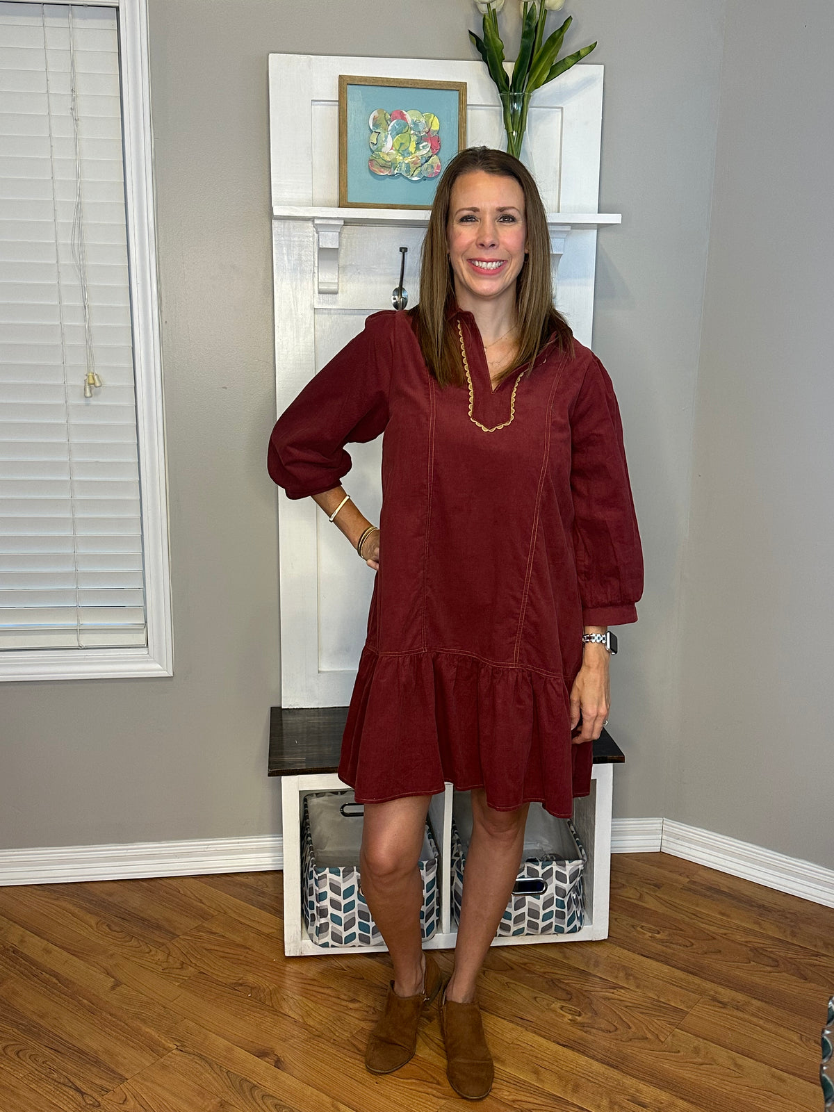 Umgee Corduroy Contrast Trim Tiered Babydoll Dress