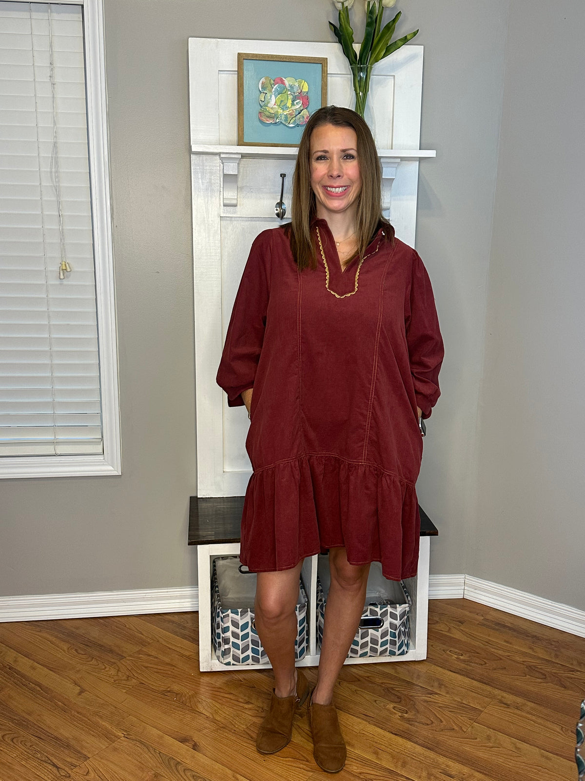 Umgee Corduroy Contrast Trim Tiered Babydoll Dress