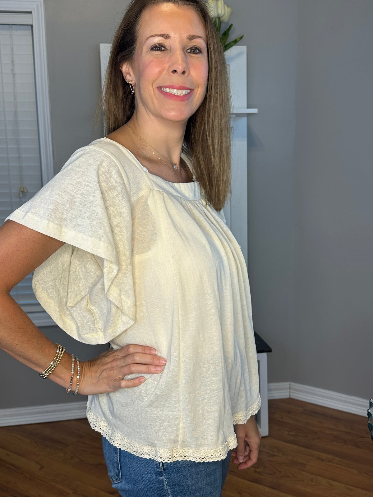Square Neck Wide Sleeve Top with Knit Hem Detail and Back Tie