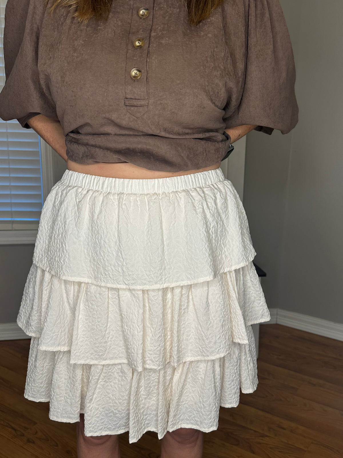White Textured Ruffle Tiered Mini Skirt