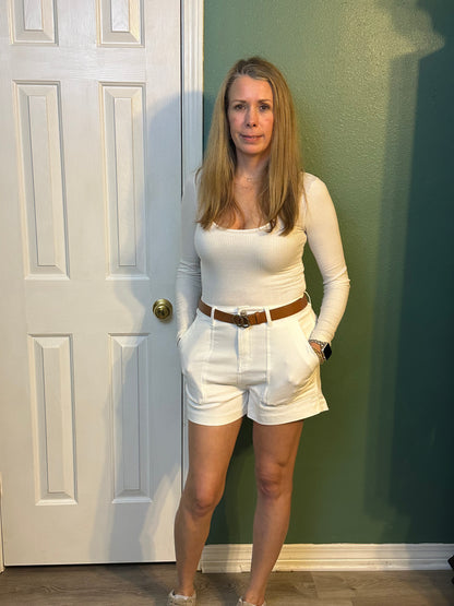 White colored high waisted denim shorts