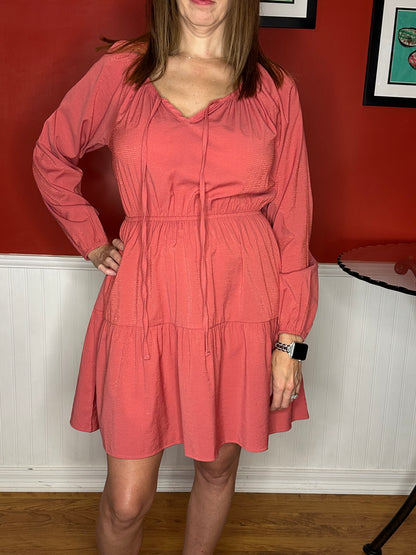 Salmon Tiered Dress 3/4 Sleeves