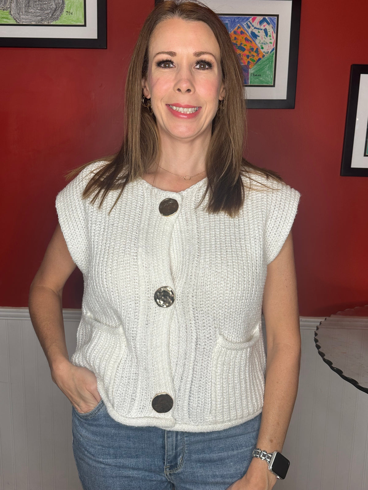 SO ME Big Metal Button Front Sweater Vest
