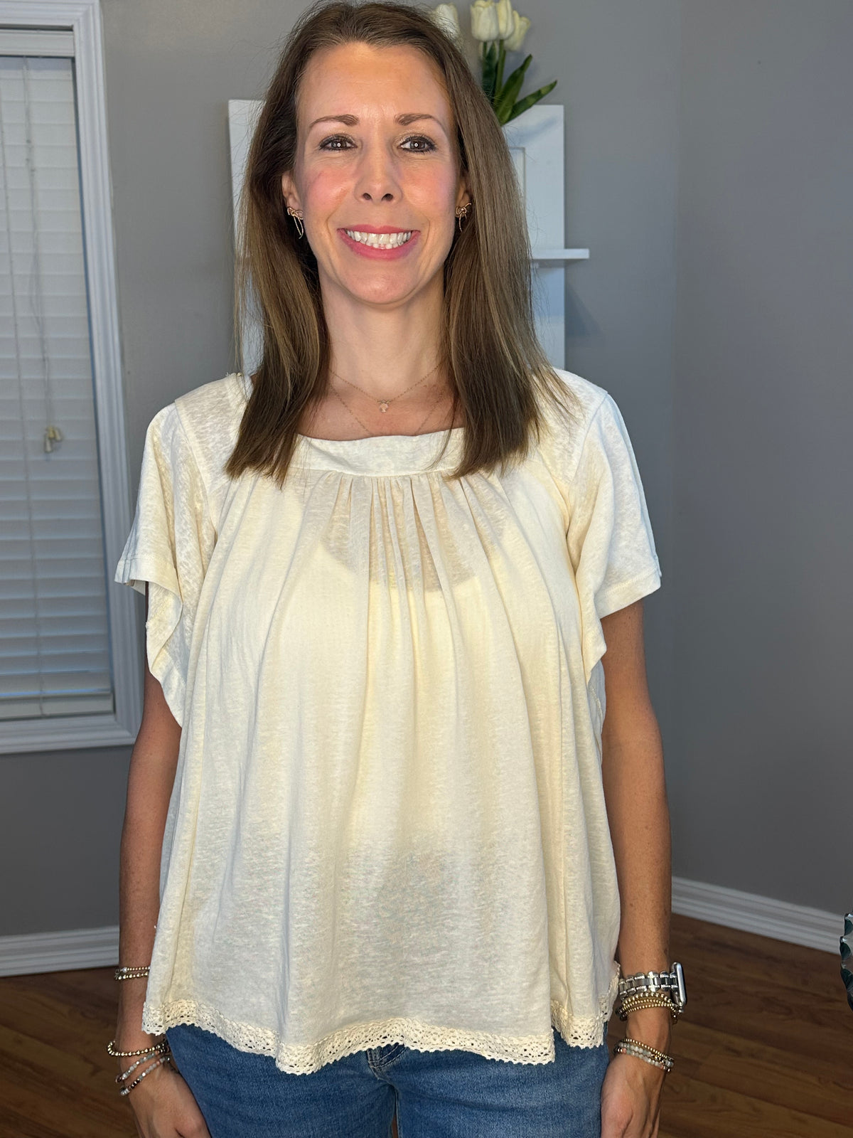 Square Neck Wide Sleeve Top with Knit Hem Detail and Back Tie