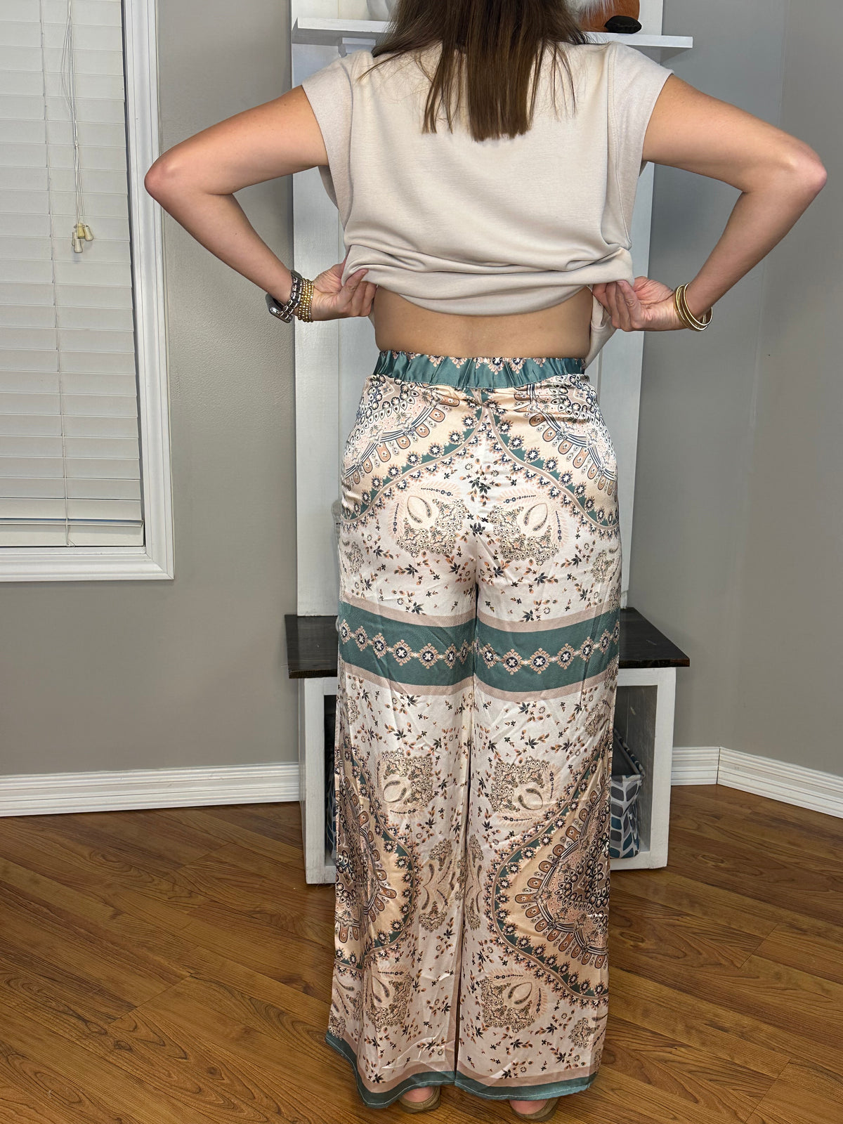 Satin Print High Waisted Wide Leg Pants