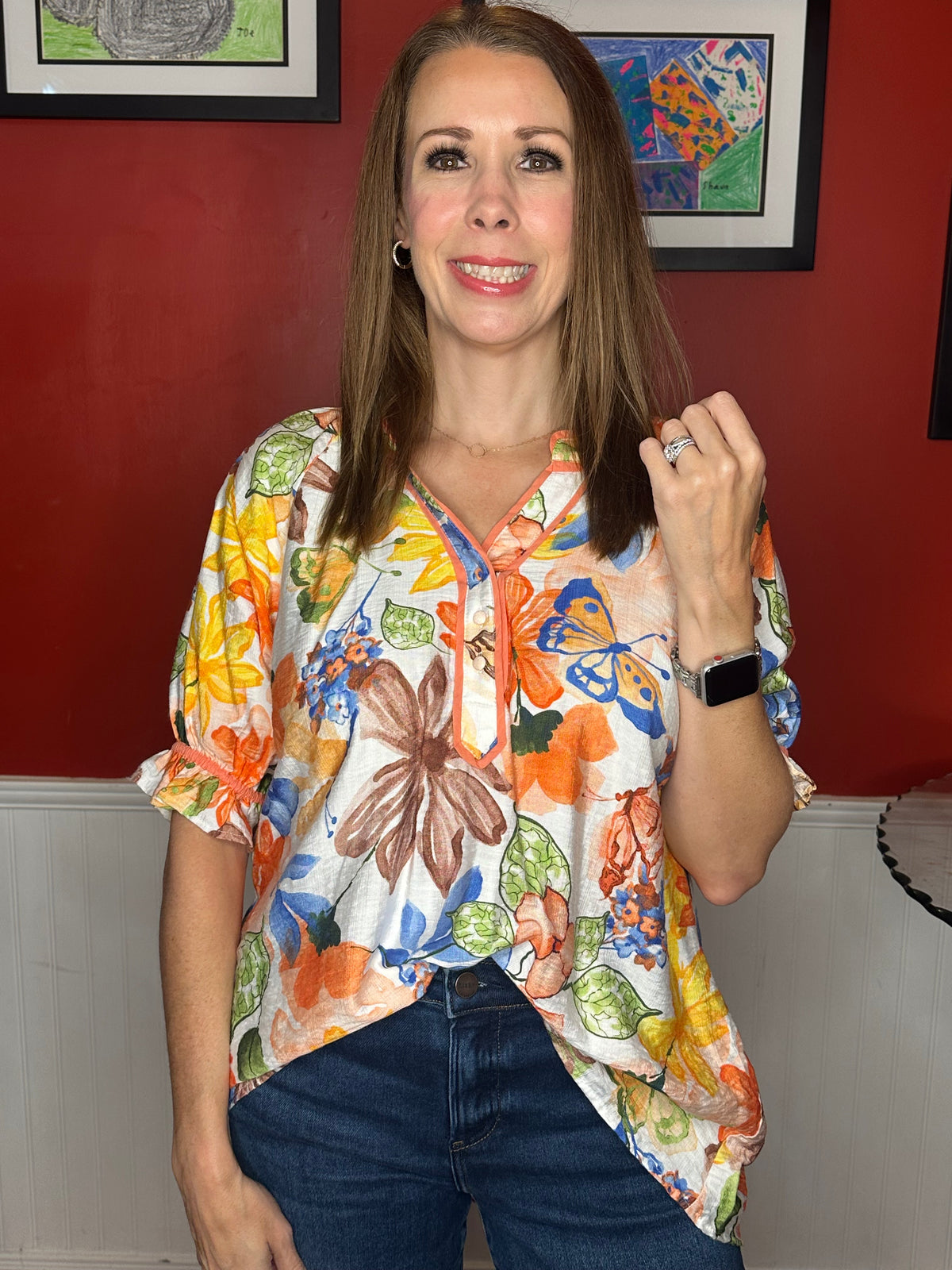 Umgee Watercolor Floral Print Top with High-Low Hem