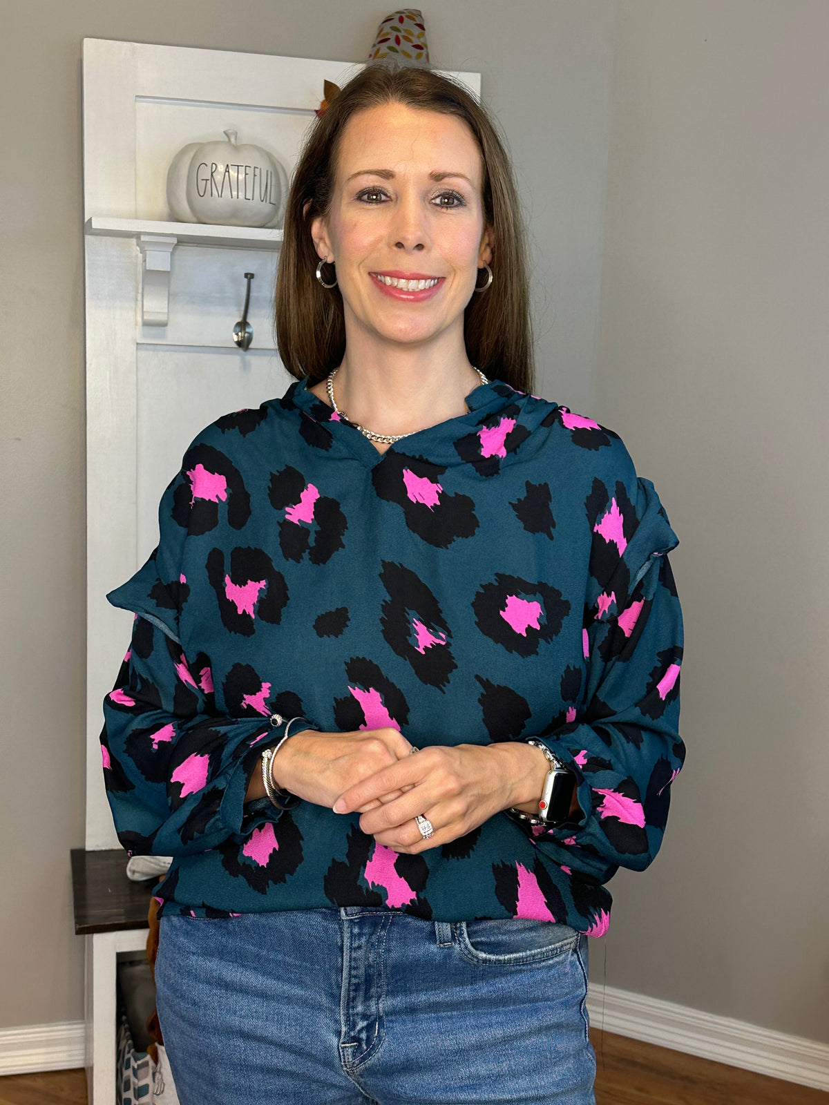 Leopard Print Split Neck Long Sleeve Blouse