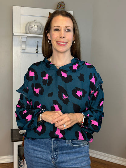 Leopard Print Split Neck Long Sleeve Blouse