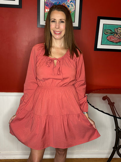 Salmon Tiered Dress 3/4 Sleeves