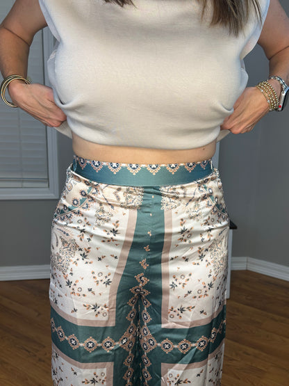 Satin Print High Waisted Wide Leg Pants