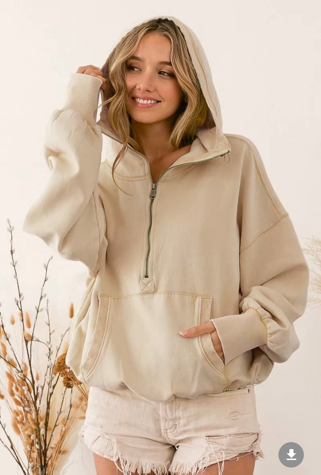 BiBi Stitch Detailed Elastic Hem Half Zip Fleece Hoodie