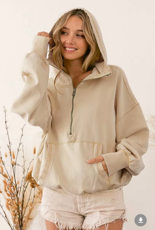 BiBi Stitch Detailed Elastic Hem Half Zip Fleece Hoodie