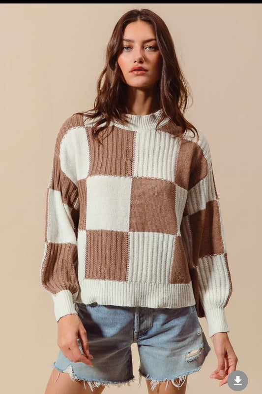 SO ME Ribbed Color Block Checkered Plaid Sweater
