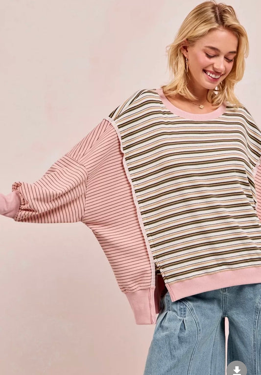 BiBi Stripe Mixed Top With Cut Edge And Reverse Outseam