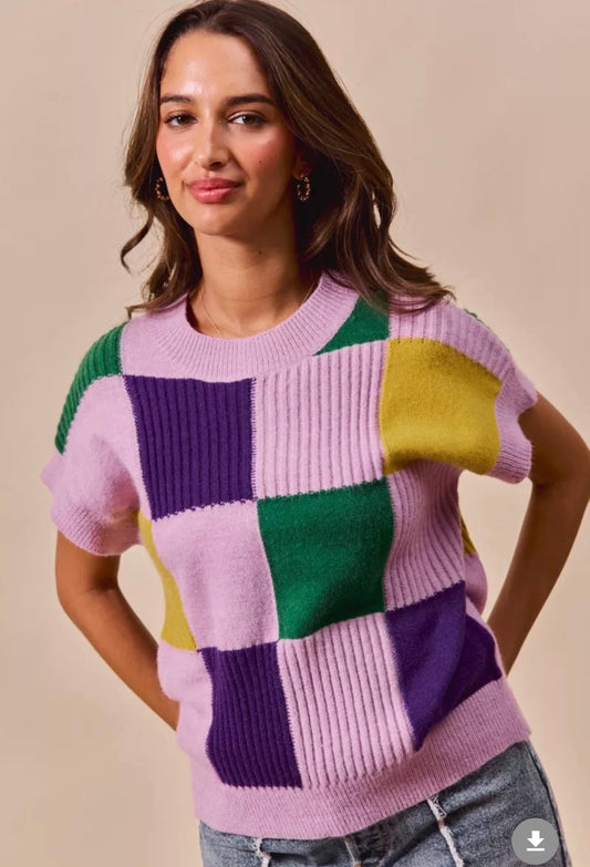 SO ME Mardi Gras Check Plaid Casual Sweater Top