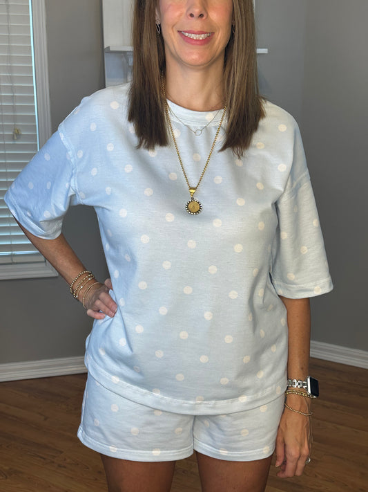 Polka Dot Round Neck Top and Shorts Set