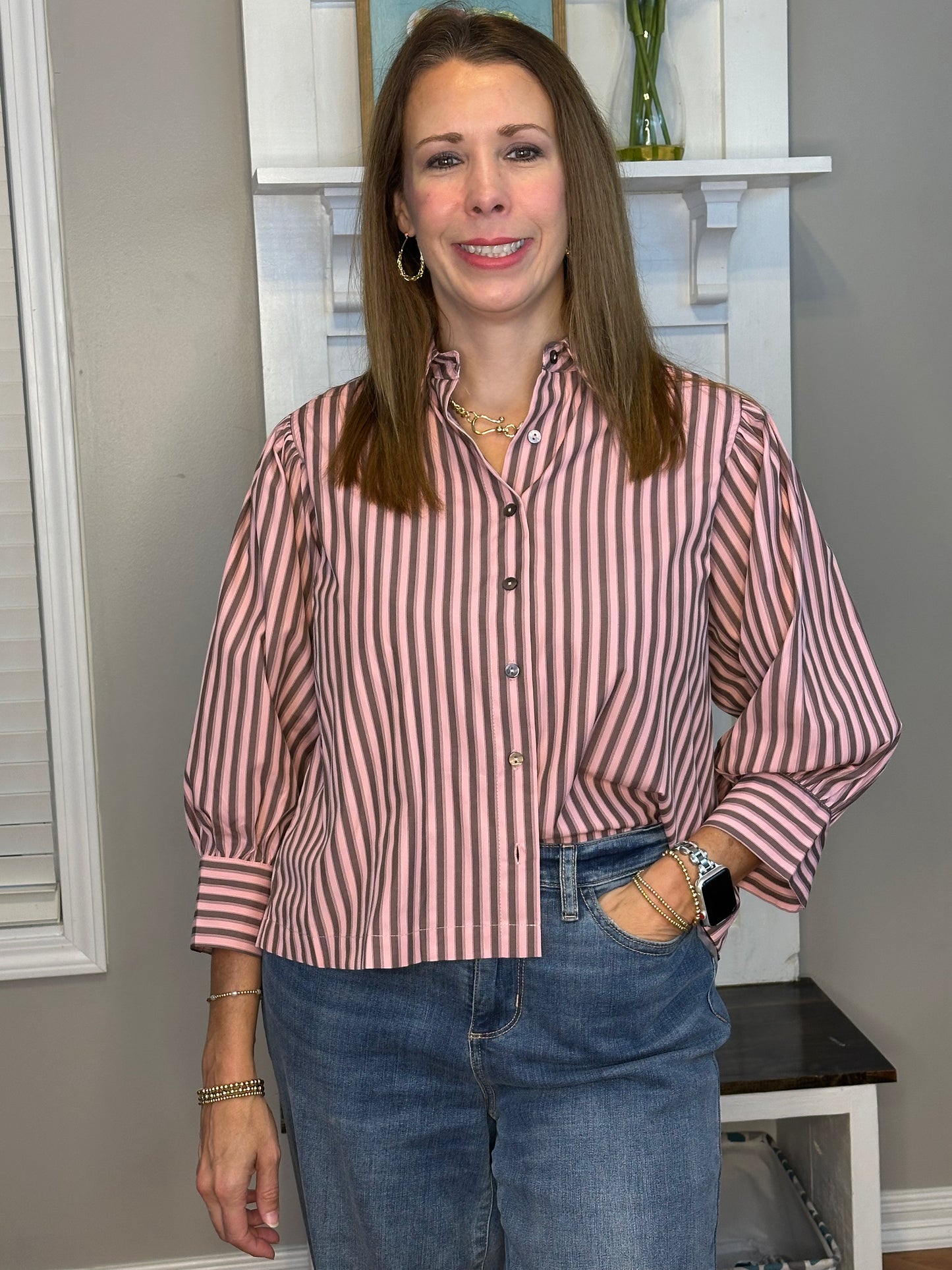 Striped Collared 3/4 Puff Sleeve Top