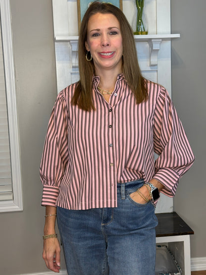 Striped Collared 3/4 Puff Sleeve Top