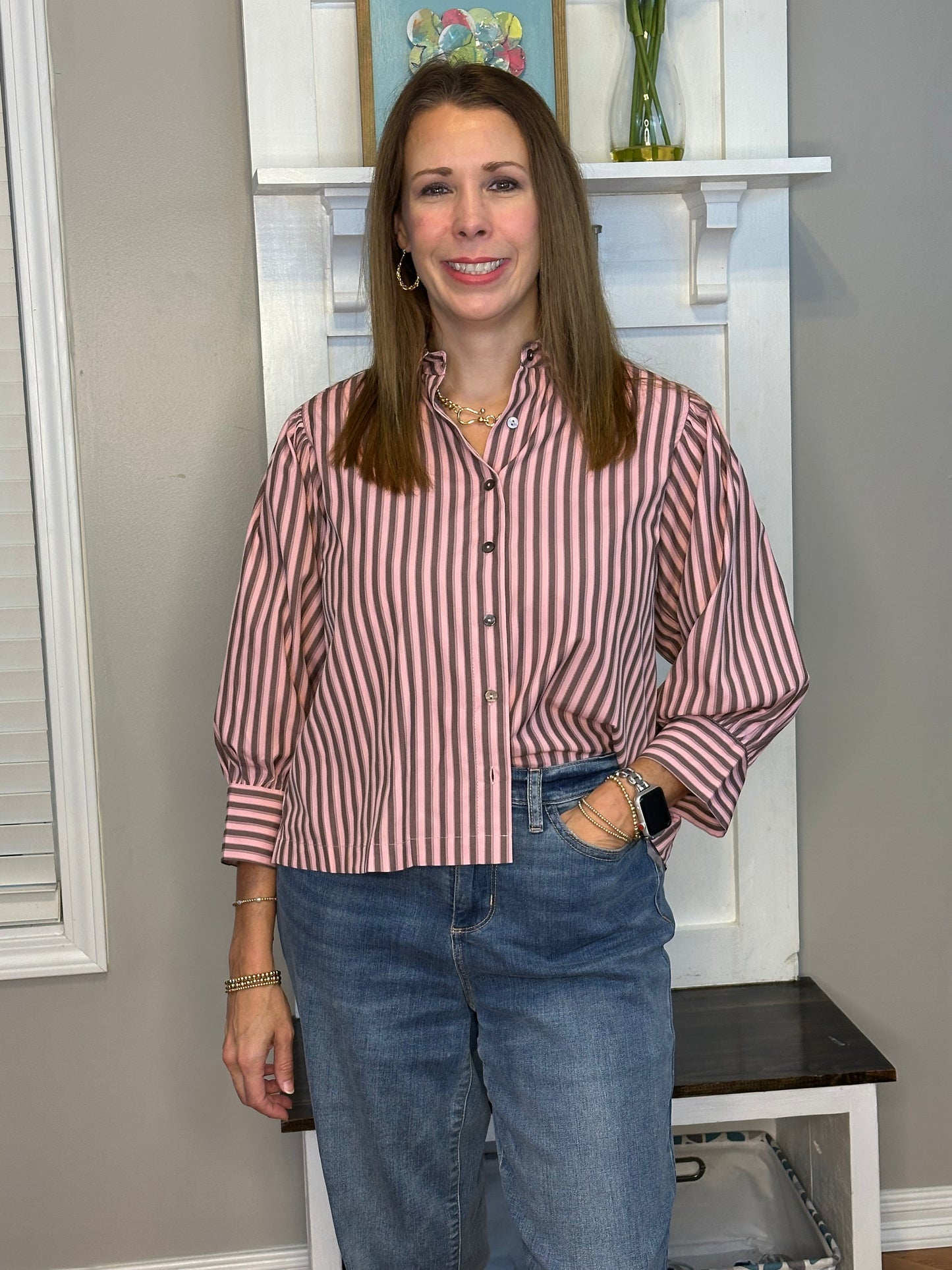 Striped Collared 3/4 Puff Sleeve Top