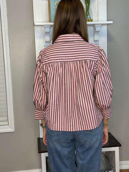 Striped Collared 3/4 Puff Sleeve Top