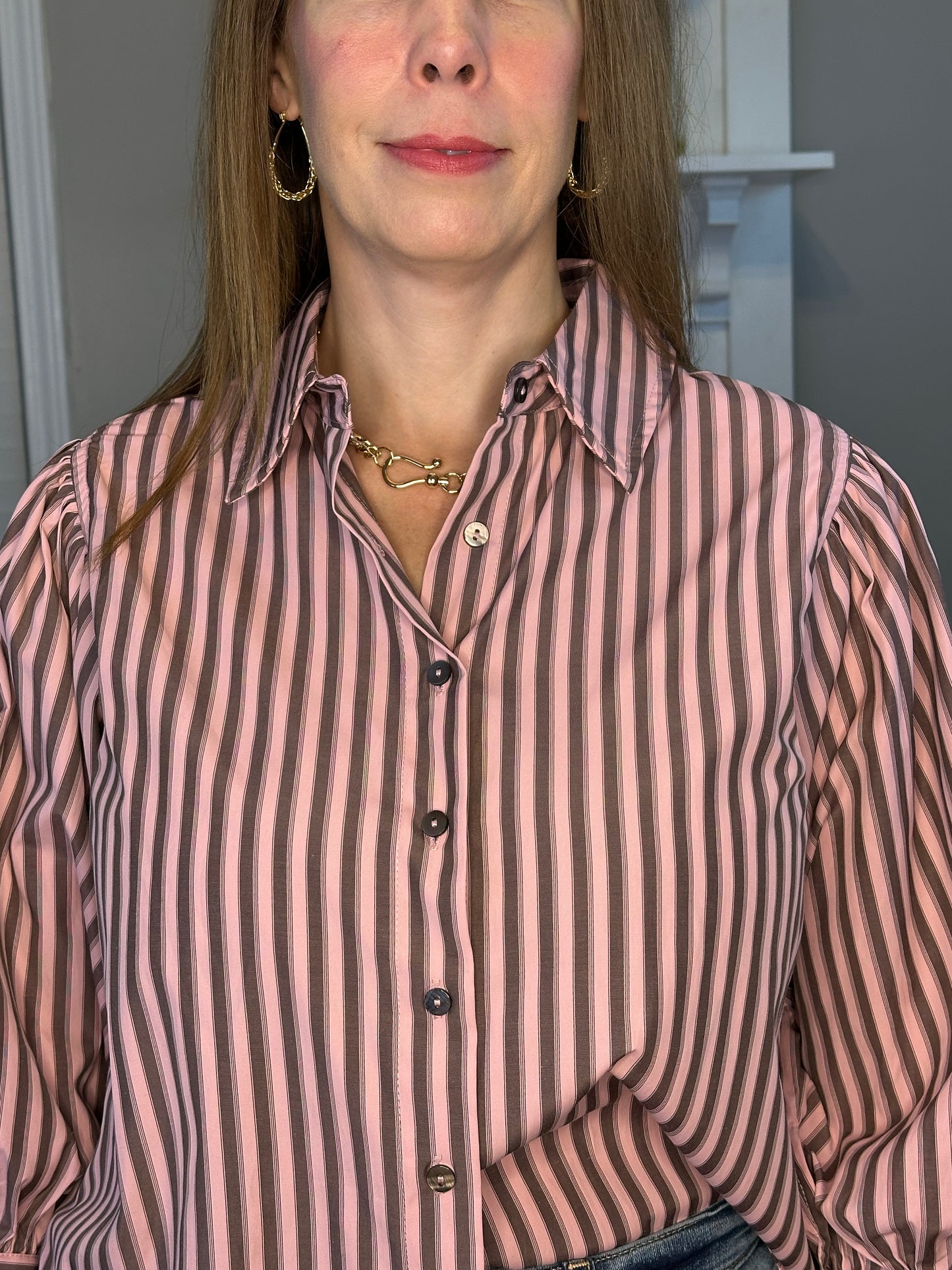 Striped Collared 3/4 Puff Sleeve Top