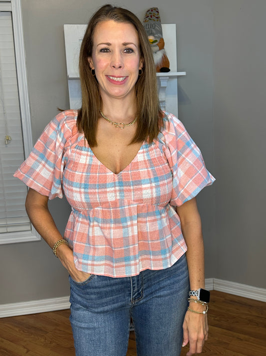 Peach plaid print v neck bubble sleeve peplum top