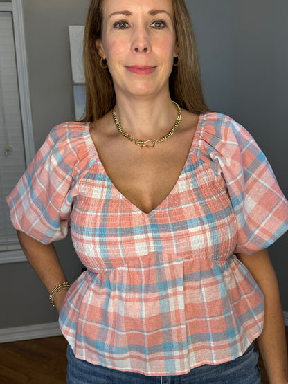 Peach plaid print v neck bubble sleeve peplum top
