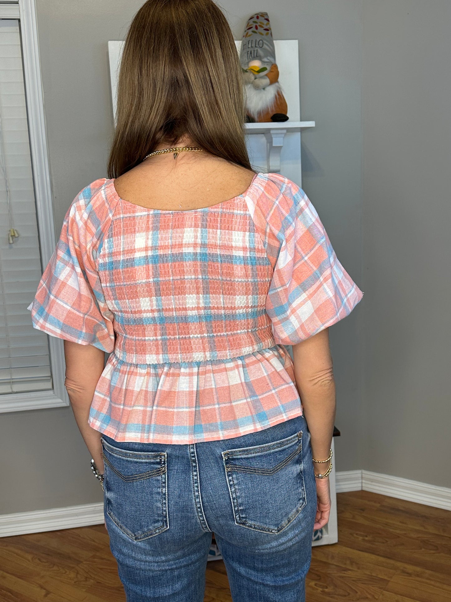 Peach plaid print v neck bubble sleeve peplum top