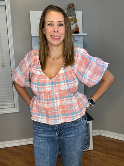 Peach plaid print v neck bubble sleeve peplum top