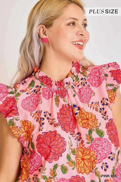 Floral Print High Ruffle Neck Boxy Cut Top with Ruffle Sleeve