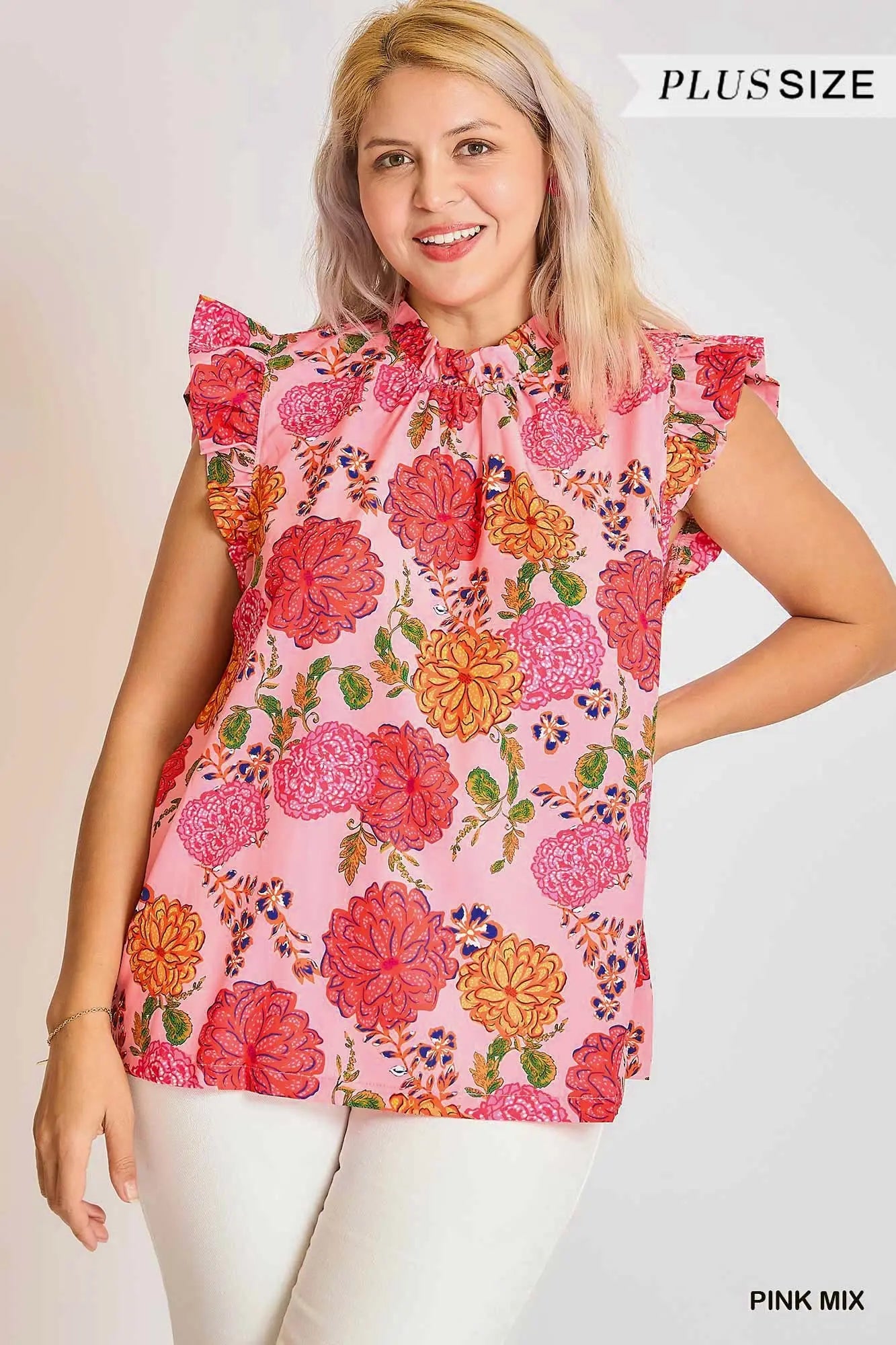 Floral Print High Ruffle Neck Boxy Cut Top with Ruffle Sleeve