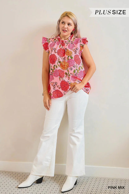 Floral Print High Ruffle Neck Boxy Cut Top with Ruffle Sleeve