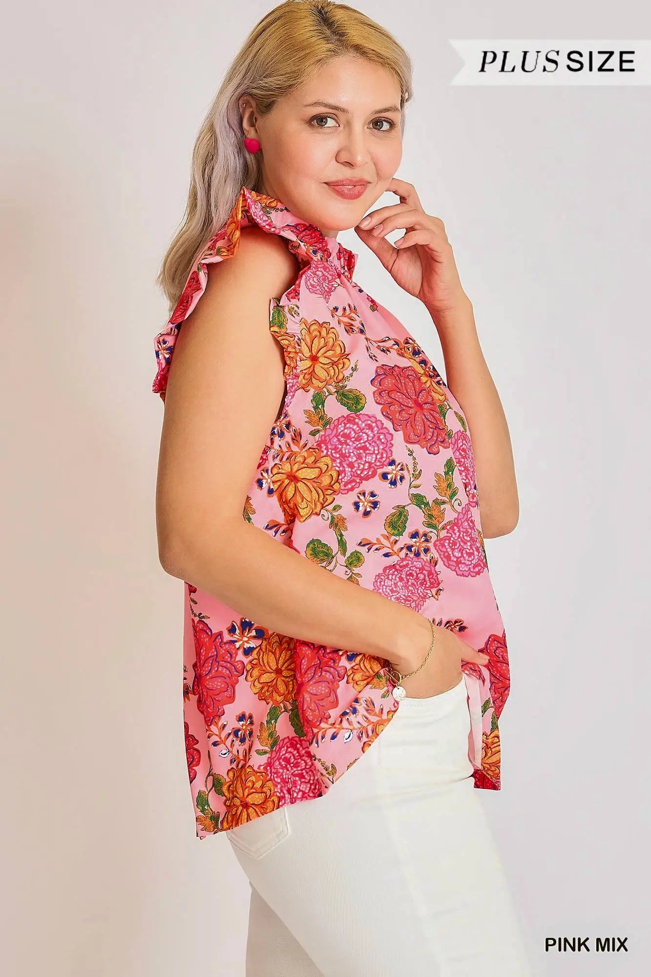 Floral Print High Ruffle Neck Boxy Cut Top with Ruffle Sleeve