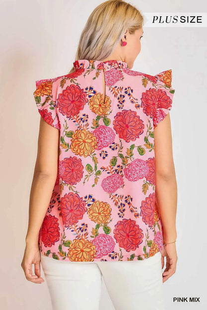 Floral Print High Ruffle Neck Boxy Cut Top with Ruffle Sleeve