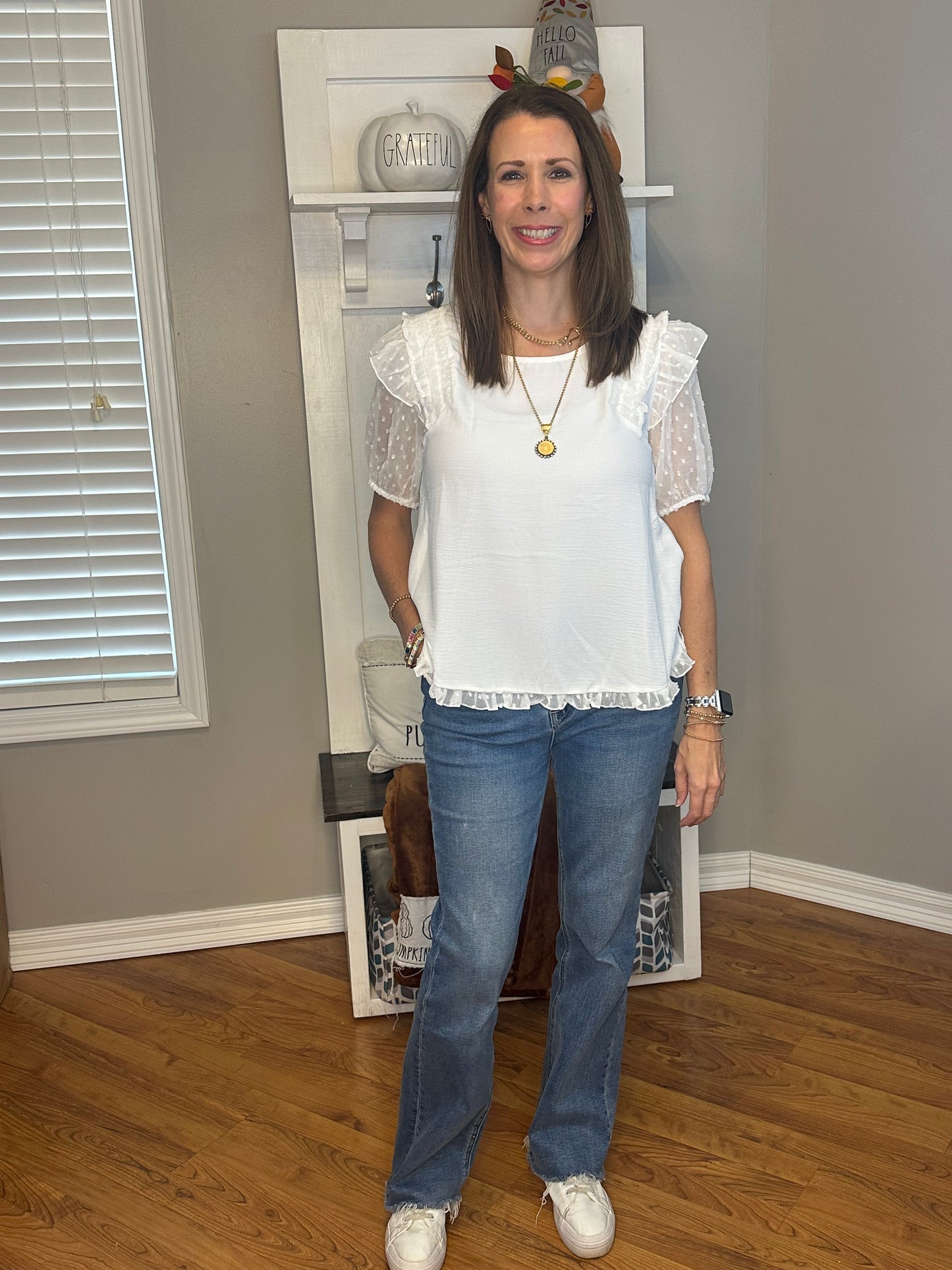 Mesh Polka Dot Puff Sleeve Top with Ruffle Trim Shoulder