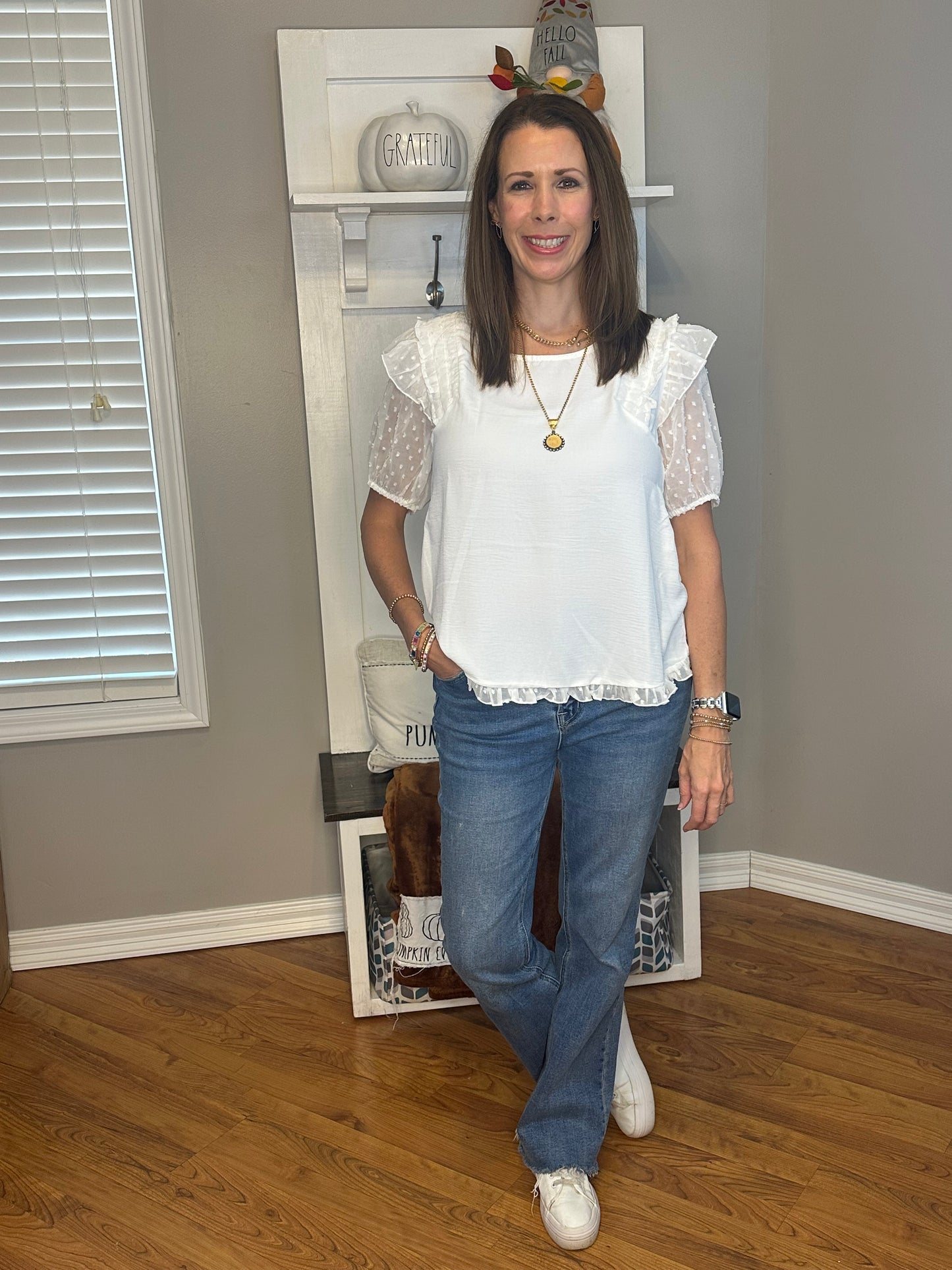 Mesh Polka Dot Puff Sleeve Top with Ruffle Trim Shoulder