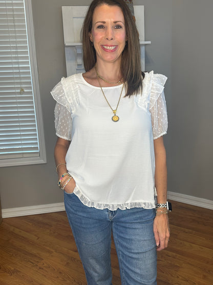 Mesh Polka Dot Puff Sleeve Top with Ruffle Trim Shoulder
