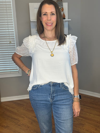 Mesh Polka Dot Puff Sleeve Top with Ruffle Trim Shoulder