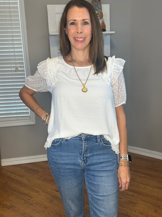 Mesh Polka Dot Puff Sleeve Top with Ruffle Trim Shoulder