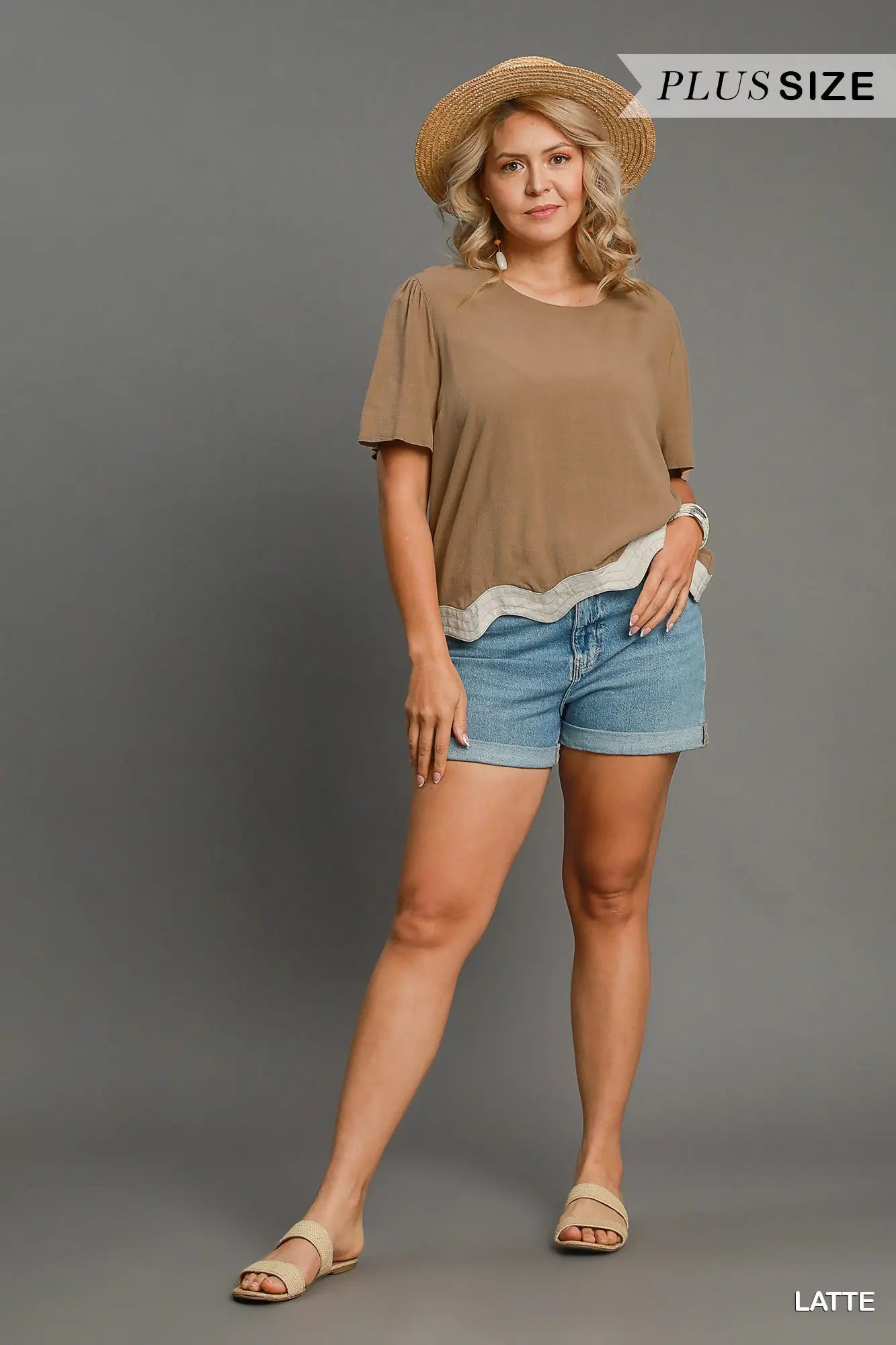 Linen Blend Round Neck Top with Scalloped Hem
