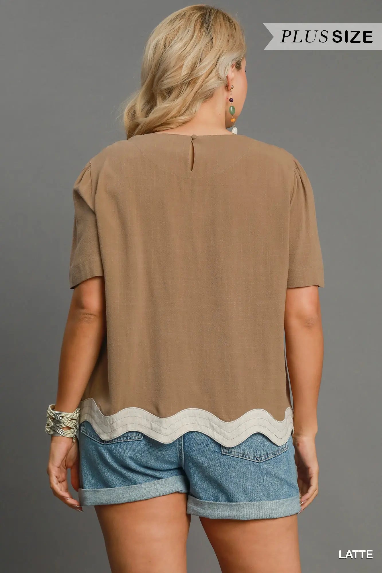 Linen Blend Round Neck Top with Scalloped Hem