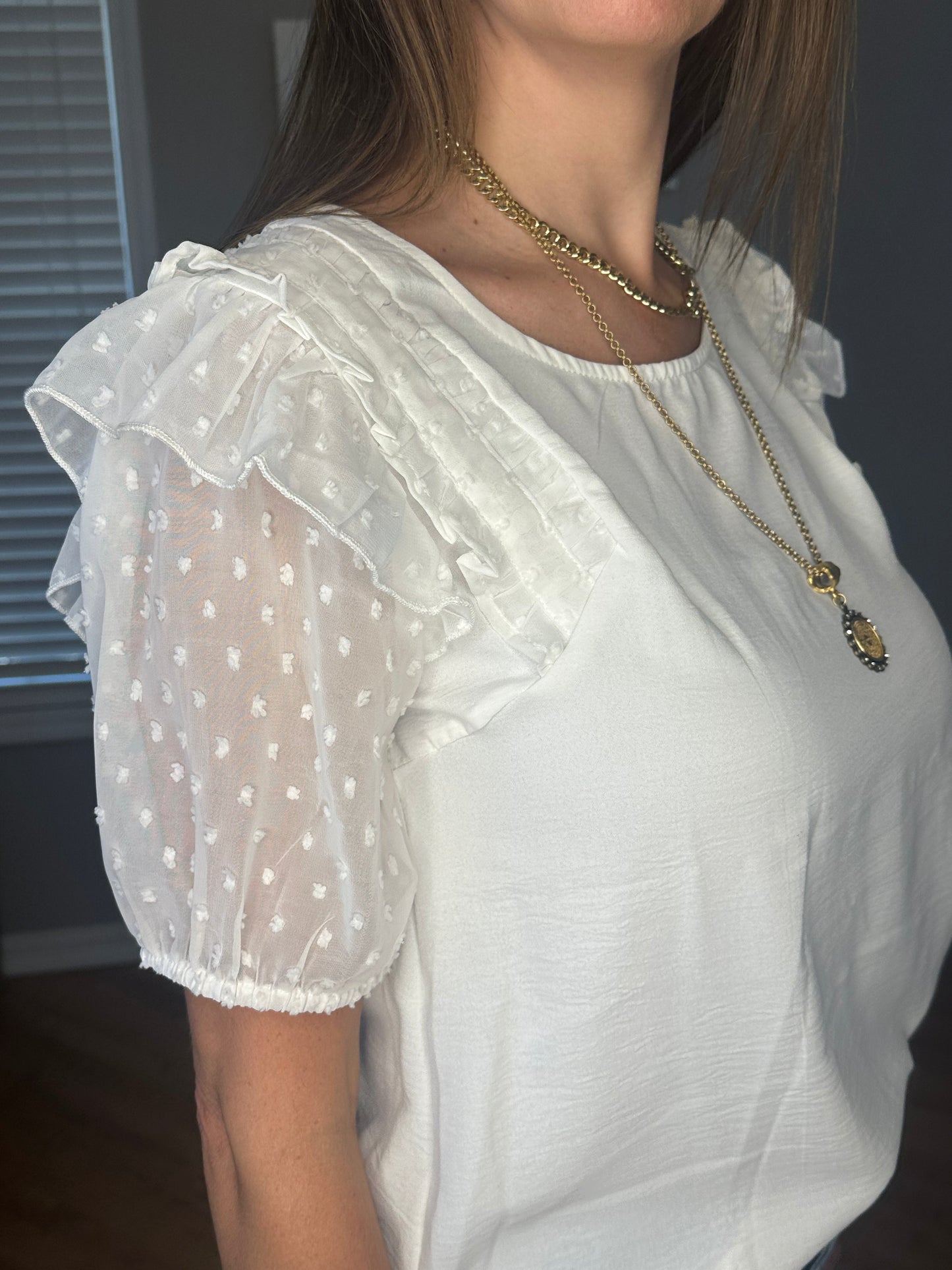 Mesh Polka Dot Puff Sleeve Top with Ruffle Trim Shoulder